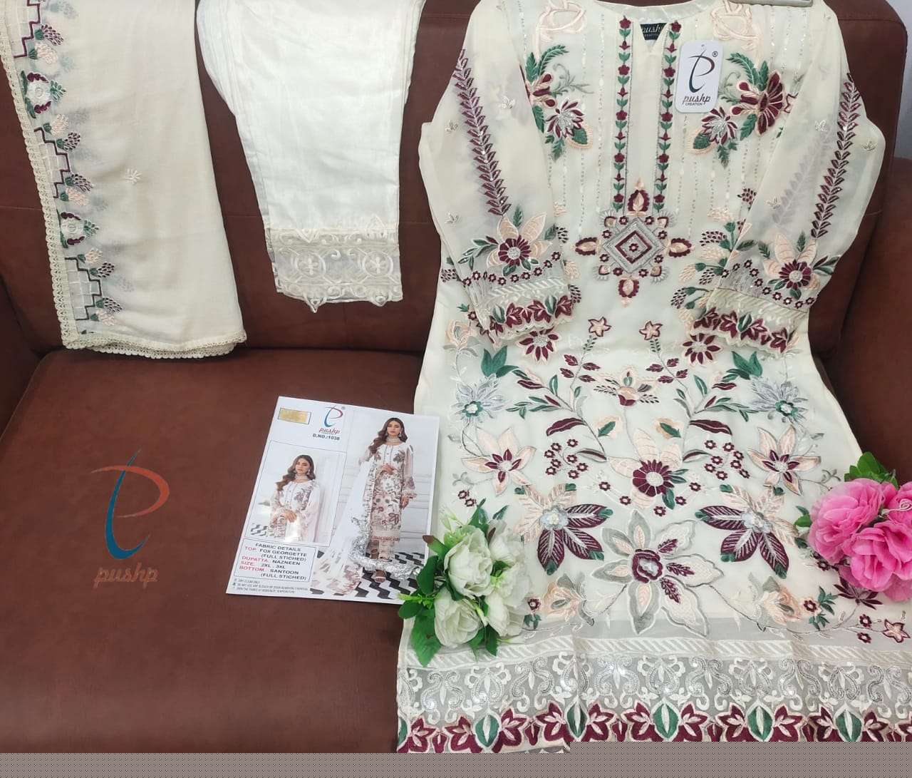 PUSHP HIT DESIGN 1038 COLOURS BY PUSHP CREATION 1038-A TO 1038-D SERIES DESIGNER PAKISTANI SUITS BEAUTIFUL STYLISH FANCY COLORFUL PARTY WEAR & OCCASIONAL WEAR FAUX GEORGETTE EMBROIDERED DRESSES AT WHOLESALE PRICE