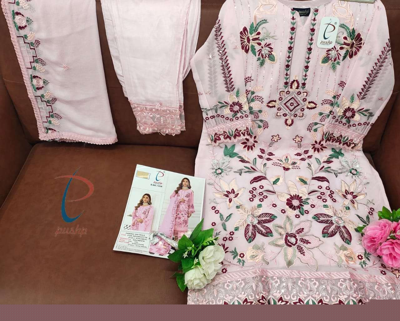 PUSHP HIT DESIGN 1038 COLOURS BY PUSHP CREATION 1038-A TO 1038-D SERIES DESIGNER PAKISTANI SUITS BEAUTIFUL STYLISH FANCY COLORFUL PARTY WEAR & OCCASIONAL WEAR FAUX GEORGETTE EMBROIDERED DRESSES AT WHOLESALE PRICE