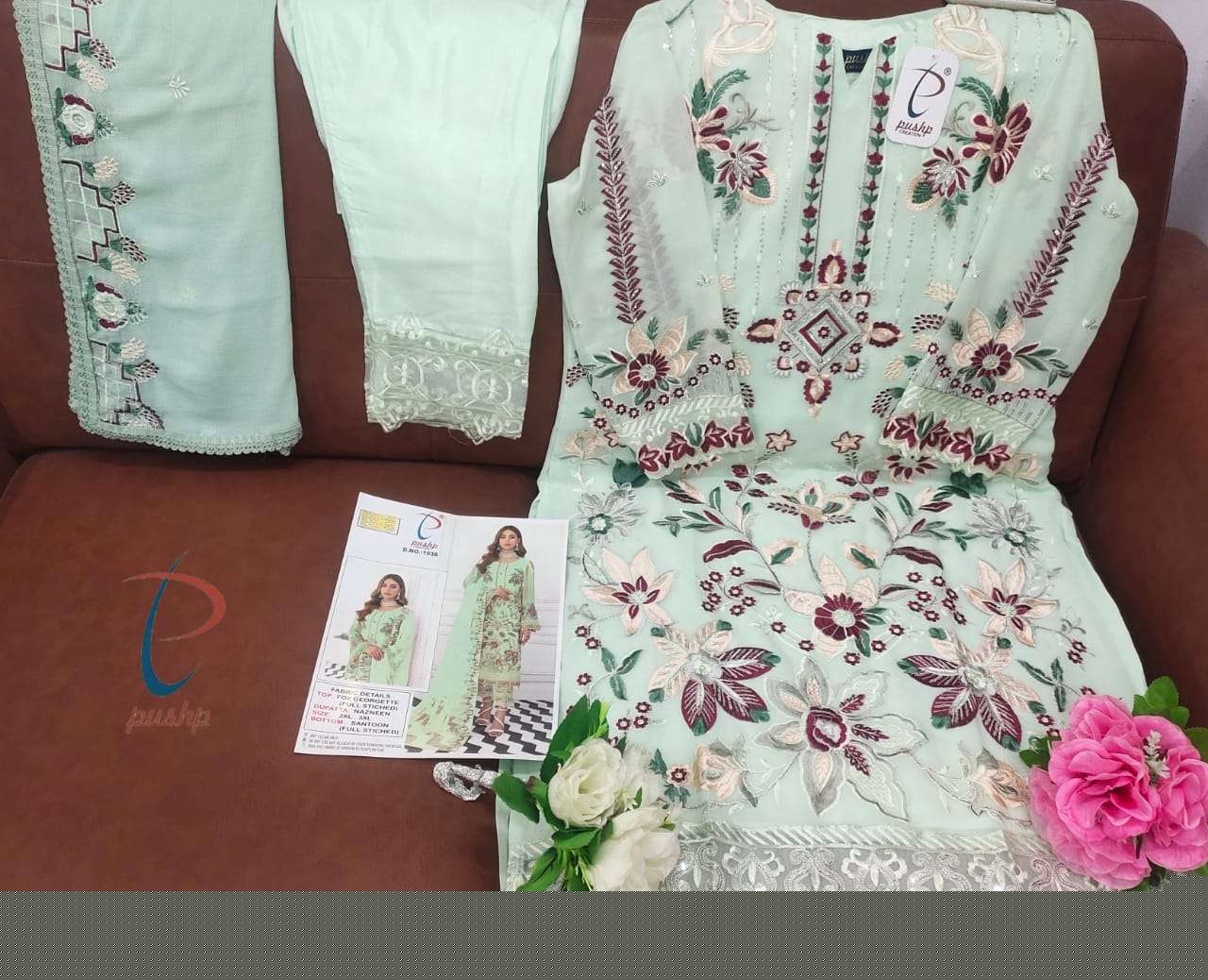 PUSHP HIT DESIGN 1038 COLOURS BY PUSHP CREATION 1038-A TO 1038-D SERIES DESIGNER PAKISTANI SUITS BEAUTIFUL STYLISH FANCY COLORFUL PARTY WEAR & OCCASIONAL WEAR FAUX GEORGETTE EMBROIDERED DRESSES AT WHOLESALE PRICE