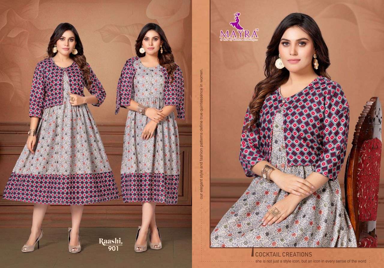 RAASHI BY MAYRA 901 TO 908 SERIES DESIGNER STYLISH FANCY COLORFUL BEAUTIFUL PARTY WEAR & ETHNIC WEAR COLLECTION PURE RAYON KURTIS WITH JACKET AT WHOLESALE PRICE