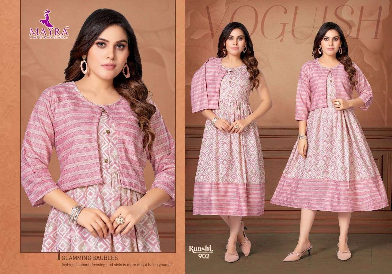 RAASHI BY MAYRA 901 TO 908 SERIES DESIGNER STYLISH FANCY COLORFUL BEAUTIFUL PARTY WEAR & ETHNIC WEAR COLLECTION PURE RAYON KURTIS WITH JACKET AT WHOLESALE PRICE