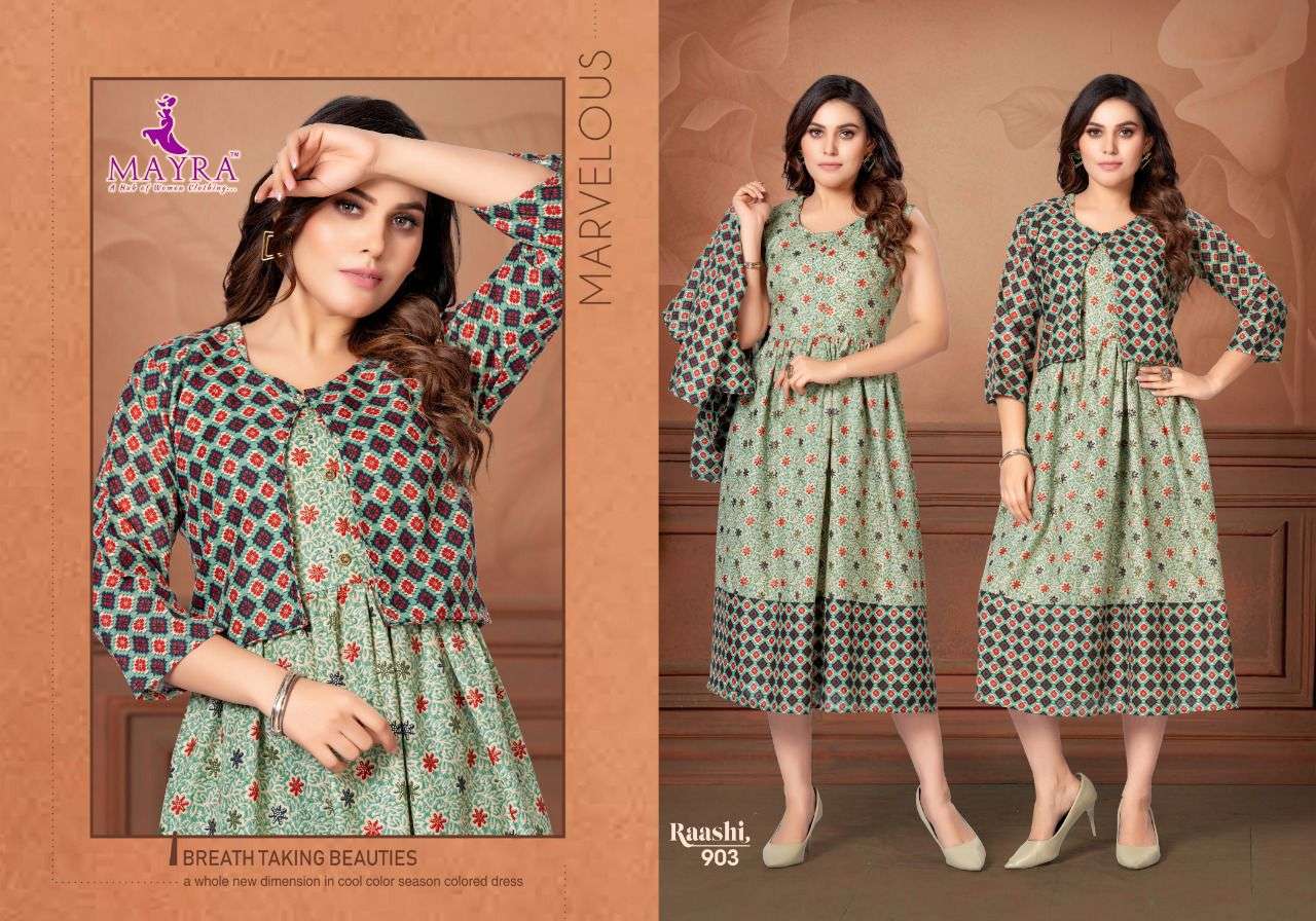 RAASHI BY MAYRA 901 TO 908 SERIES DESIGNER STYLISH FANCY COLORFUL BEAUTIFUL PARTY WEAR & ETHNIC WEAR COLLECTION PURE RAYON KURTIS WITH JACKET AT WHOLESALE PRICE