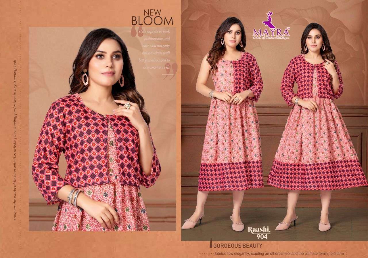 RAASHI BY MAYRA 901 TO 908 SERIES DESIGNER STYLISH FANCY COLORFUL BEAUTIFUL PARTY WEAR & ETHNIC WEAR COLLECTION PURE RAYON KURTIS WITH JACKET AT WHOLESALE PRICE