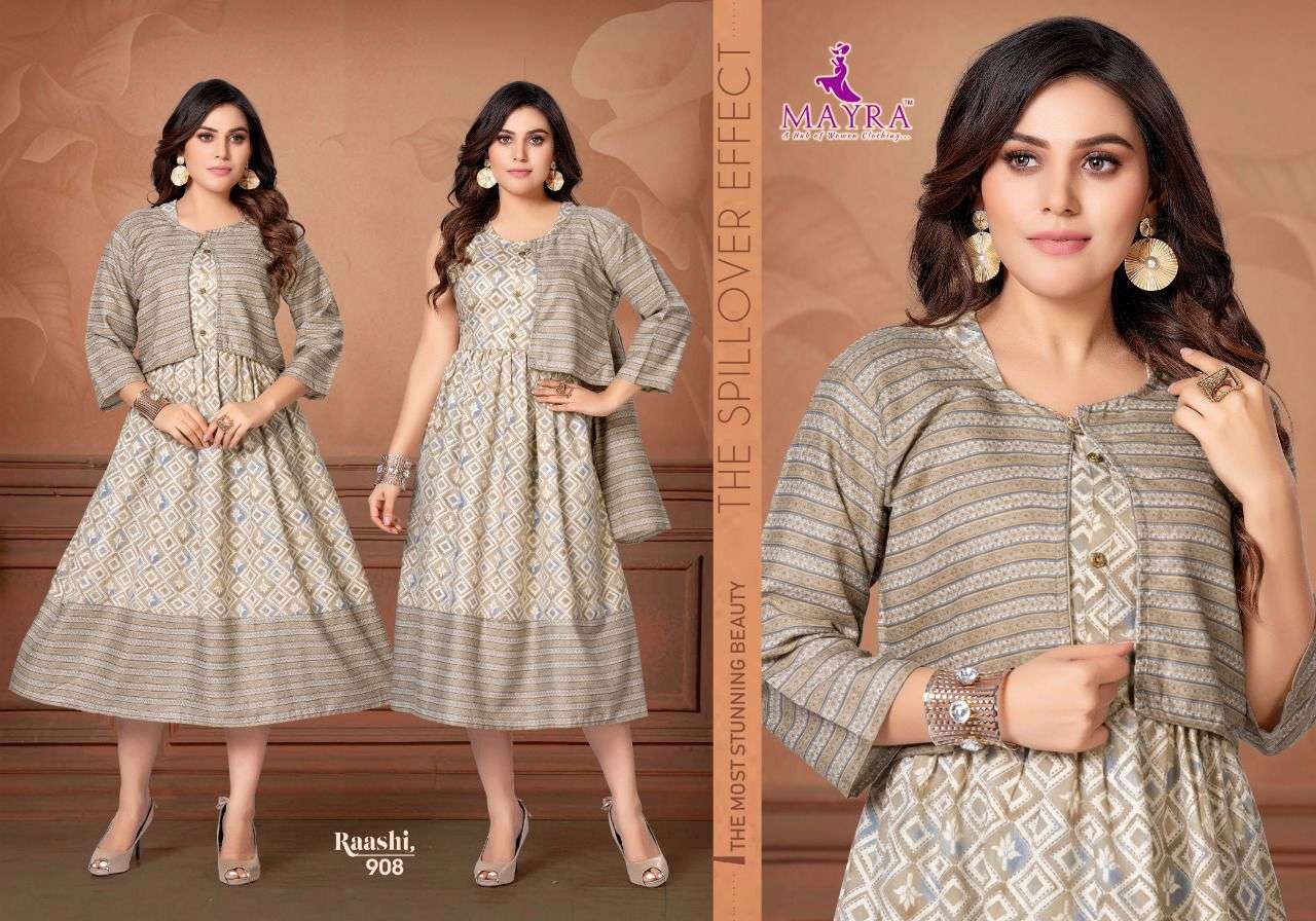 RAASHI BY MAYRA 901 TO 908 SERIES DESIGNER STYLISH FANCY COLORFUL BEAUTIFUL PARTY WEAR & ETHNIC WEAR COLLECTION PURE RAYON KURTIS WITH JACKET AT WHOLESALE PRICE
