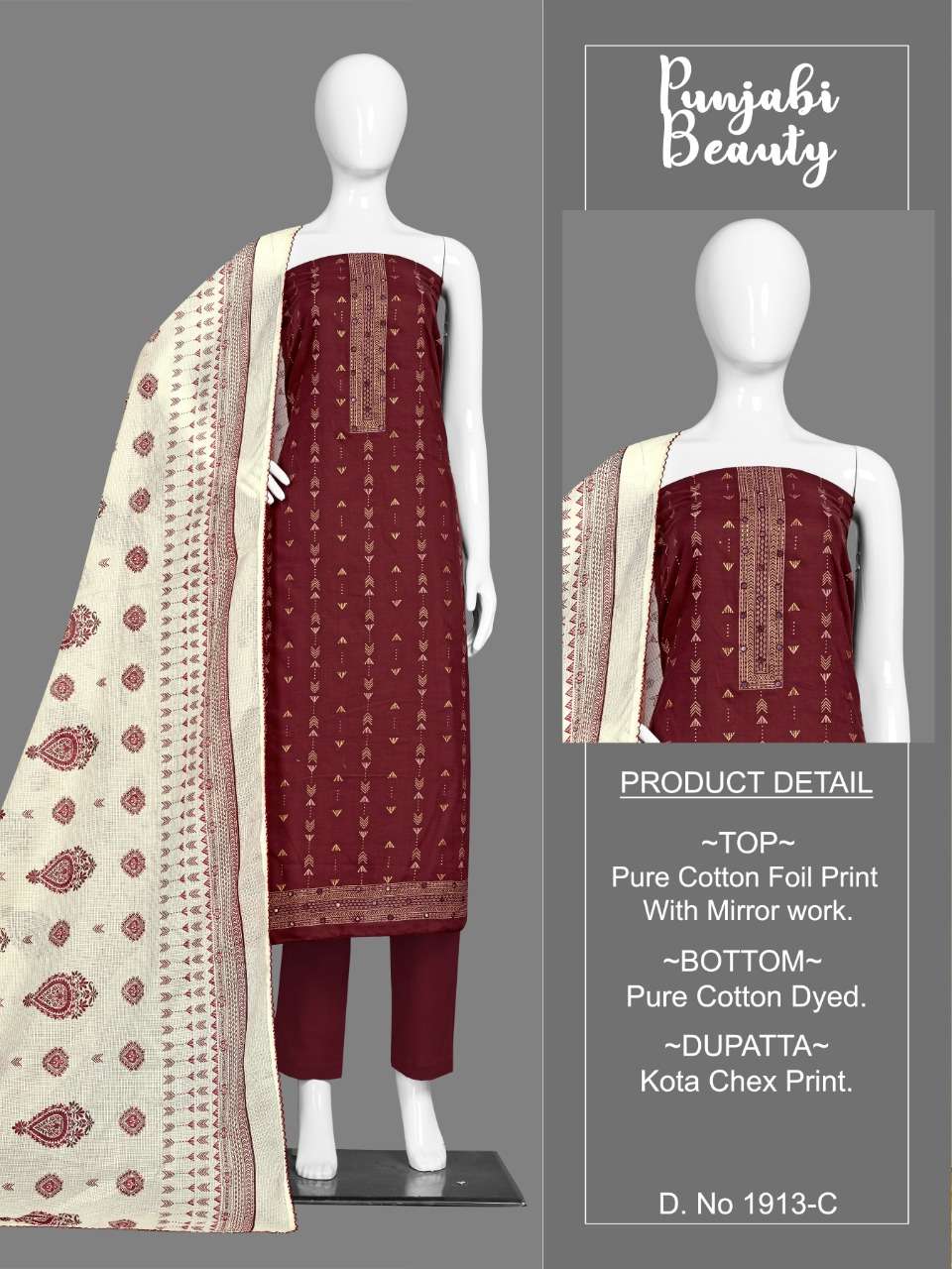 PUNJABI BEAUTY 1913 BY BIPSON 1913-A TO 1913-D SERIES BEAUTIFUL WINTER COLLECTION SUITS STYLISH FANCY COLORFUL CASUAL WEAR & ETHNIC WEAR GLACE COTTON PRINT WITH WORK DRESSES AT WHOLESALE PRICE