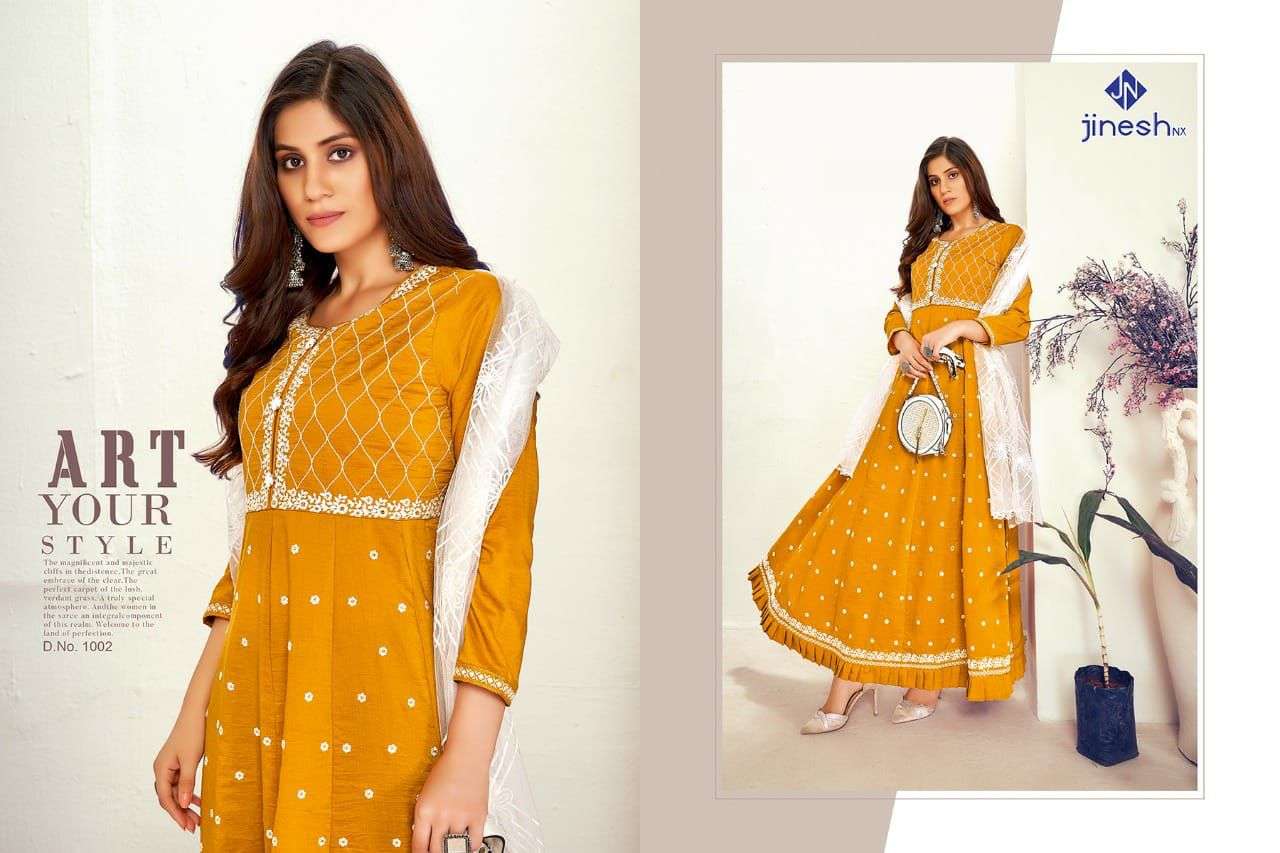 RIMZIM BY JINESH NX 1001 TO 1006 SERIES BEAUTIFUL STYLISH FANCY COLORFUL CASUAL WEAR & ETHNIC WEAR SILK EMBROIDERED GOWNS WITH DUPATTA AT WHOLESALE PRICE