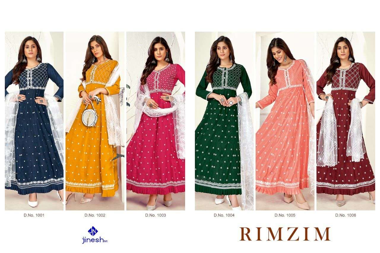 RIMZIM BY JINESH NX 1001 TO 1006 SERIES BEAUTIFUL STYLISH FANCY COLORFUL CASUAL WEAR & ETHNIC WEAR SILK EMBROIDERED GOWNS WITH DUPATTA AT WHOLESALE PRICE