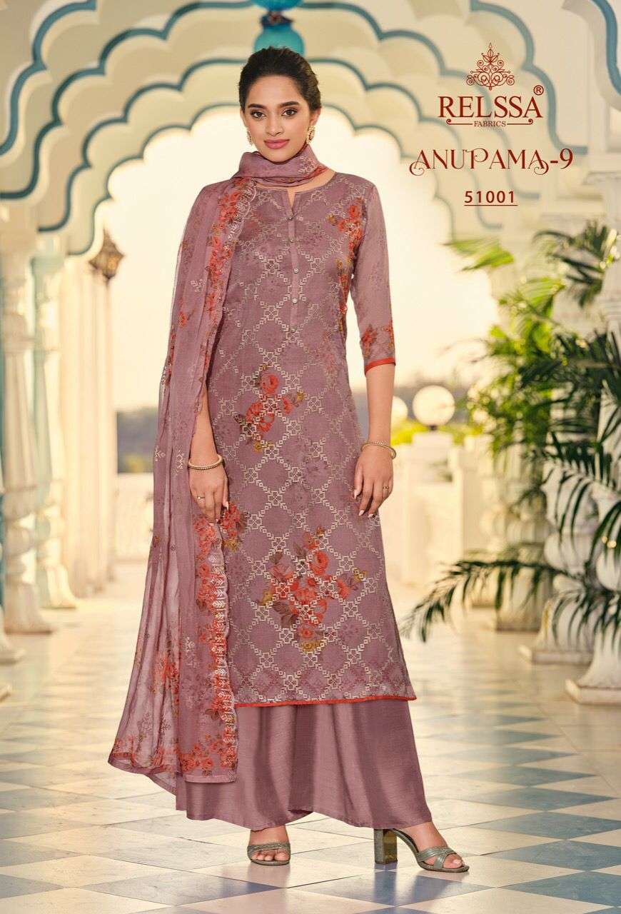ANUPAMA VOL-9 BY RELSSA FABRICS 51001 TO 51006 SERIES BEAUTIFUL STYLISH SHARARA SUITS FANCY COLORFUL CASUAL WEAR & ETHNIC WEAR & READY TO WEAR BANARASI ORGANZA DRESSES AT WHOLESALE PRICE