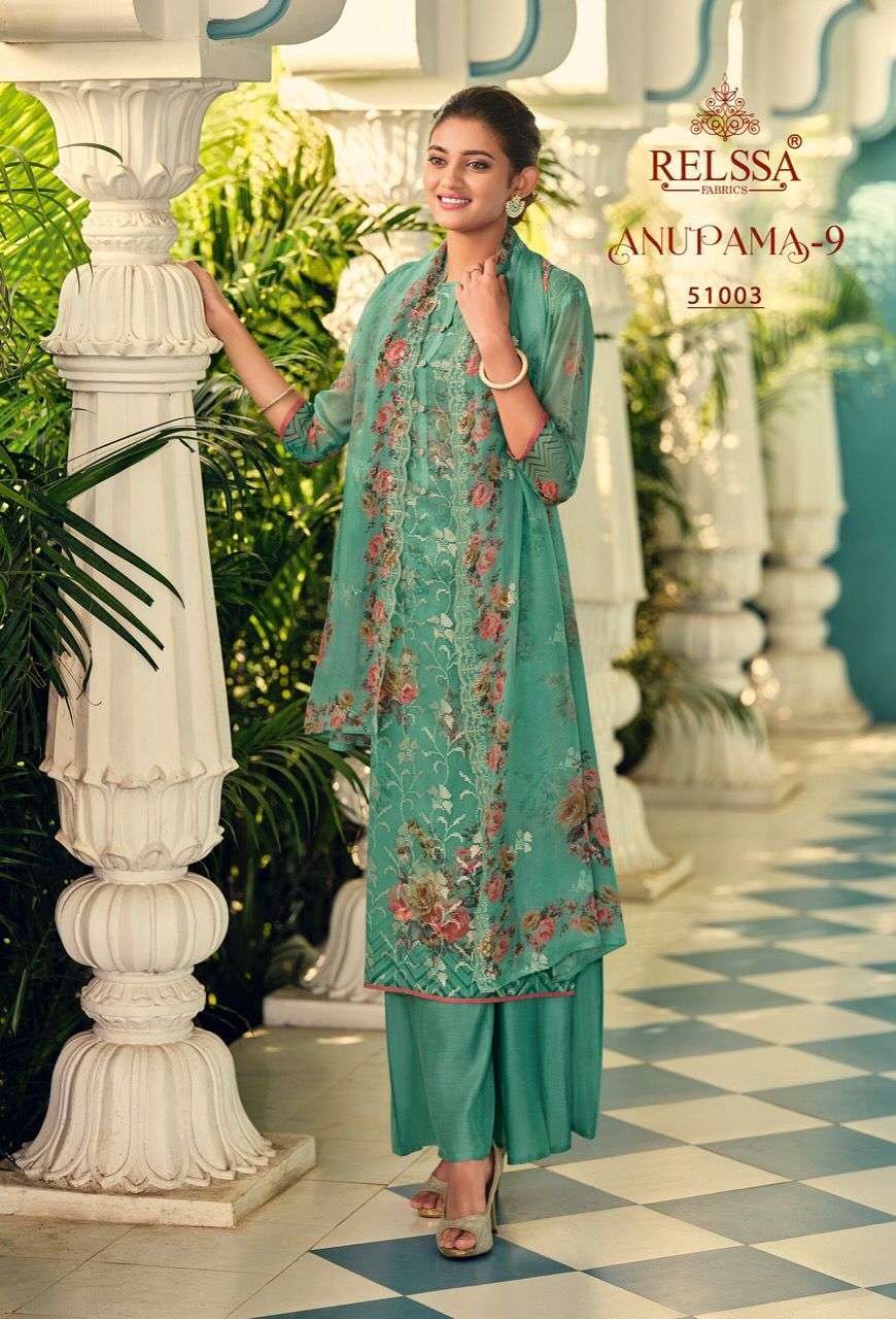 ANUPAMA VOL-9 BY RELSSA FABRICS 51001 TO 51006 SERIES BEAUTIFUL STYLISH SHARARA SUITS FANCY COLORFUL CASUAL WEAR & ETHNIC WEAR & READY TO WEAR BANARASI ORGANZA DRESSES AT WHOLESALE PRICE