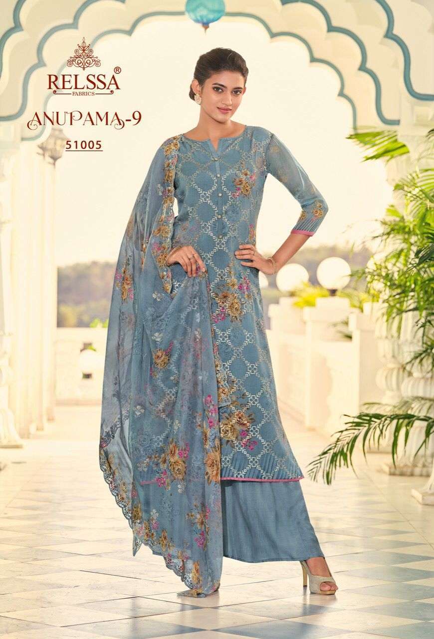 ANUPAMA VOL-9 BY RELSSA FABRICS 51001 TO 51006 SERIES BEAUTIFUL STYLISH SHARARA SUITS FANCY COLORFUL CASUAL WEAR & ETHNIC WEAR & READY TO WEAR BANARASI ORGANZA DRESSES AT WHOLESALE PRICE