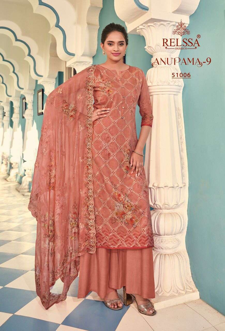 ANUPAMA VOL-9 BY RELSSA FABRICS 51001 TO 51006 SERIES BEAUTIFUL STYLISH SHARARA SUITS FANCY COLORFUL CASUAL WEAR & ETHNIC WEAR & READY TO WEAR BANARASI ORGANZA DRESSES AT WHOLESALE PRICE