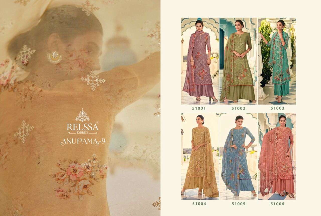 ANUPAMA VOL-9 BY RELSSA FABRICS 51001 TO 51006 SERIES BEAUTIFUL STYLISH SHARARA SUITS FANCY COLORFUL CASUAL WEAR & ETHNIC WEAR & READY TO WEAR BANARASI ORGANZA DRESSES AT WHOLESALE PRICE