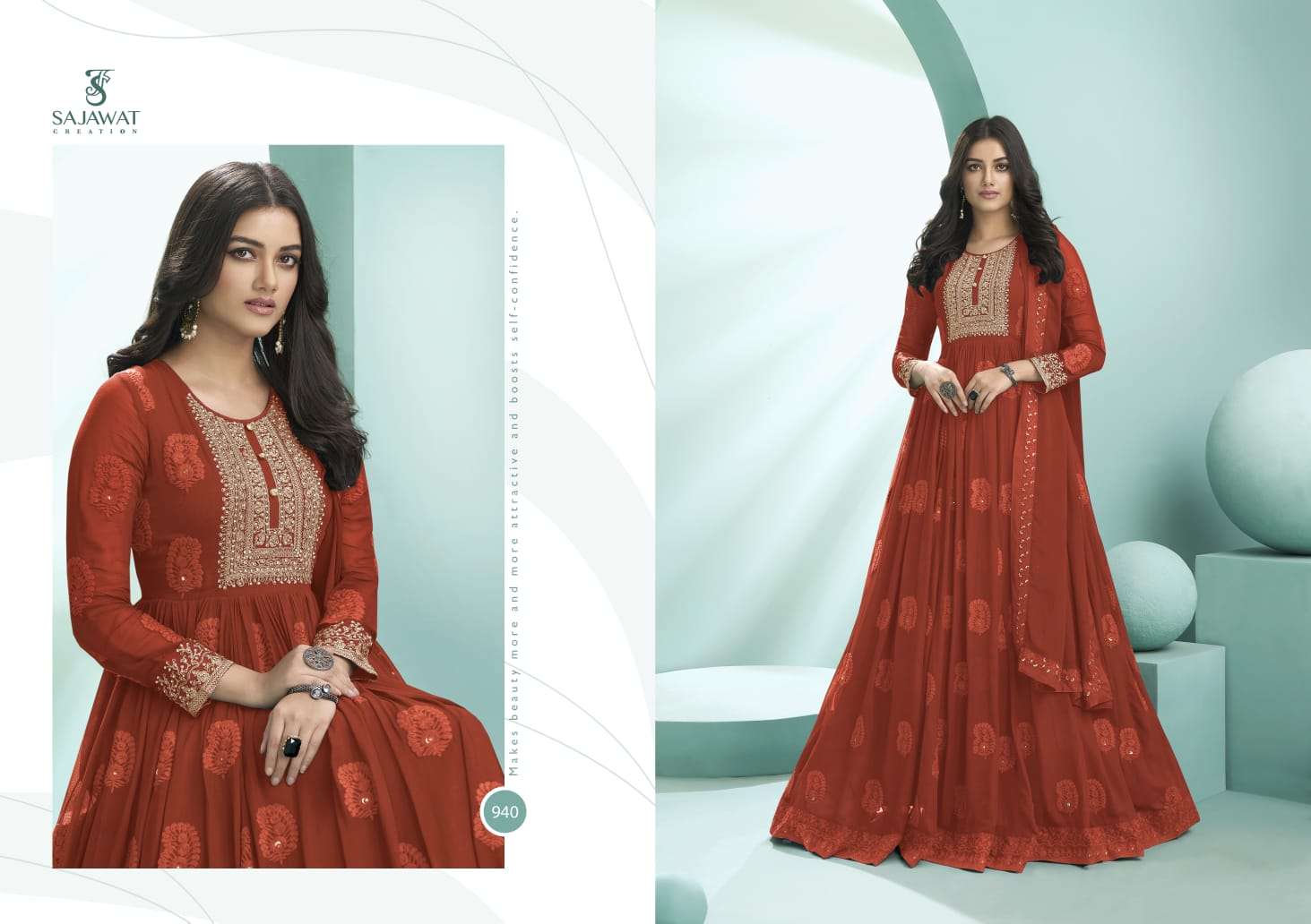 KALPI GOLD BY SAJAWAT CREATION 937 TO 940 SERIES BEAUTIFUL STYLISH ANARKALI SUITS FANCY COLORFUL CASUAL WEAR & ETHNIC WEAR & READY TO WEAR HEAVY FAUX GEORGETTE EMBROIDERED DRESSES AT WHOLESALE PRICE