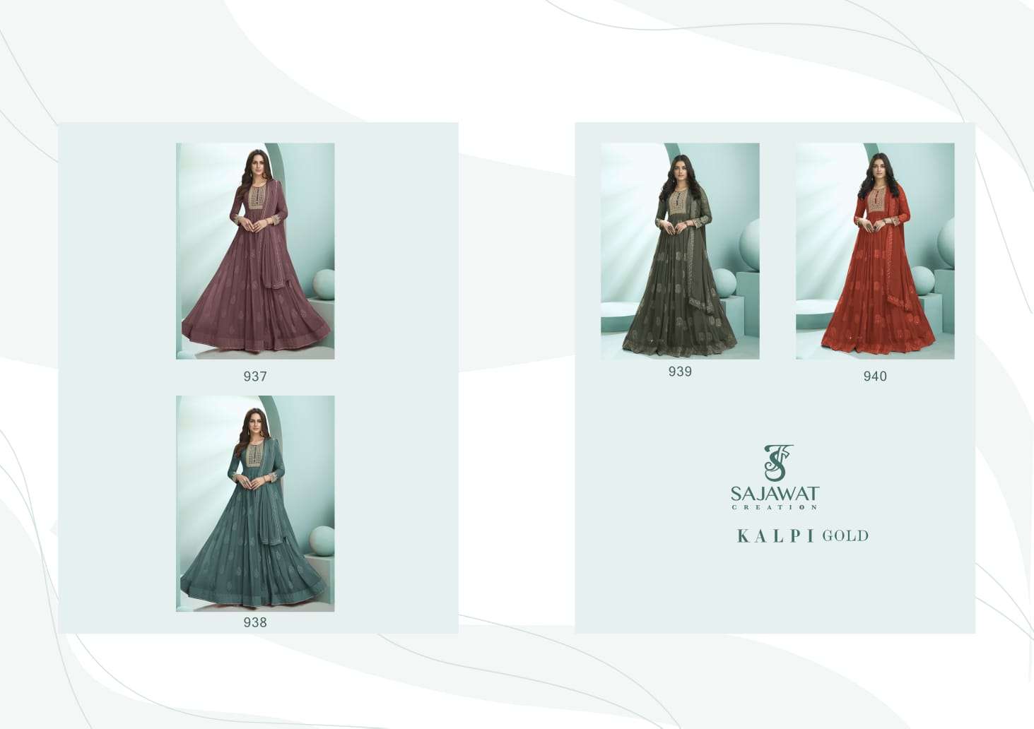 KALPI GOLD BY SAJAWAT CREATION 937 TO 940 SERIES BEAUTIFUL STYLISH ANARKALI SUITS FANCY COLORFUL CASUAL WEAR & ETHNIC WEAR & READY TO WEAR HEAVY FAUX GEORGETTE EMBROIDERED DRESSES AT WHOLESALE PRICE