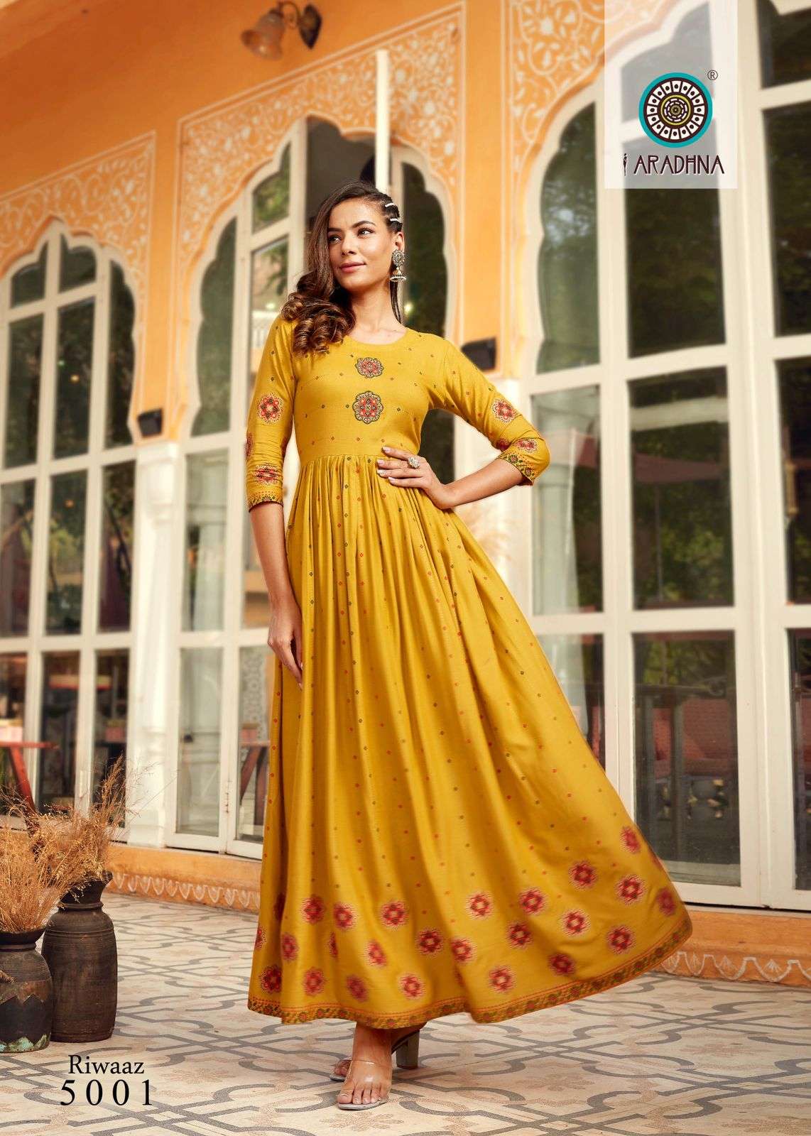 RIWAAZ VOL-5 BY ARADHNA FASHION 5001 TO 5012 SERIES BEAUTIFUL STYLISH FANCY COLORFUL CASUAL WEAR & ETHNIC WEAR & READY TO WEAR HEAVY RAYON WORK GOWNS AT WHOLESALE PRICE