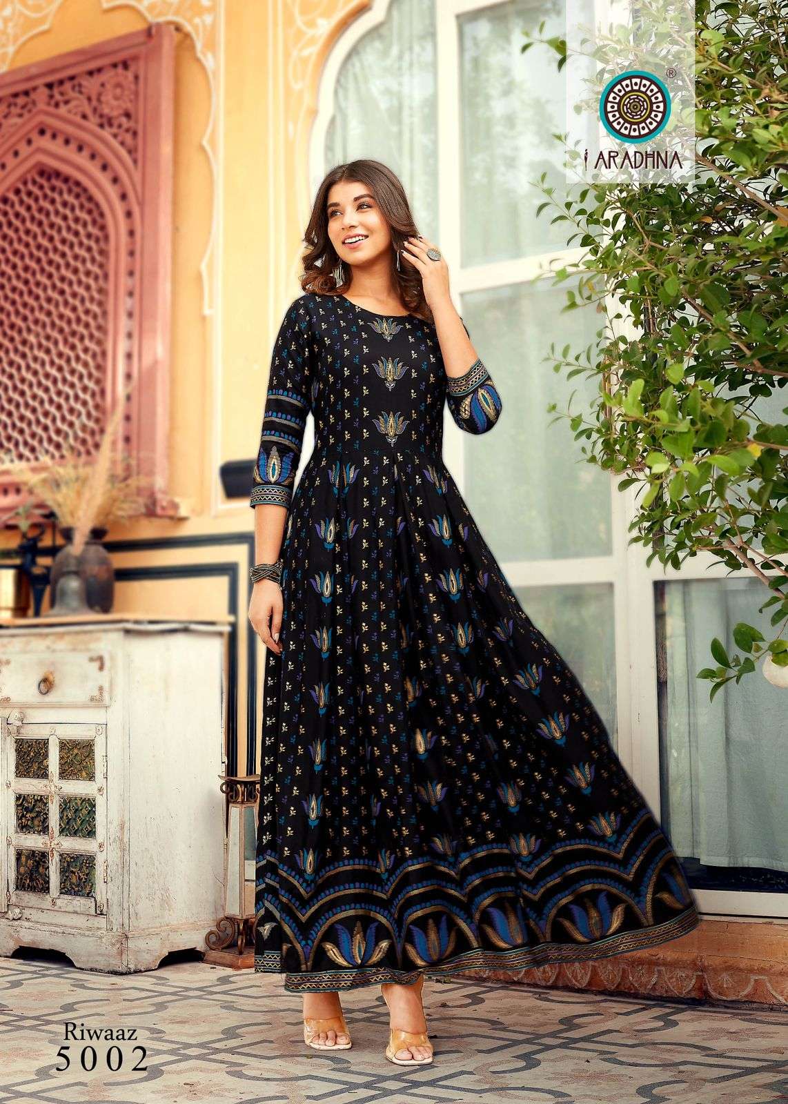 RIWAAZ VOL-5 BY ARADHNA FASHION 5001 TO 5012 SERIES BEAUTIFUL STYLISH FANCY COLORFUL CASUAL WEAR & ETHNIC WEAR & READY TO WEAR HEAVY RAYON WORK GOWNS AT WHOLESALE PRICE
