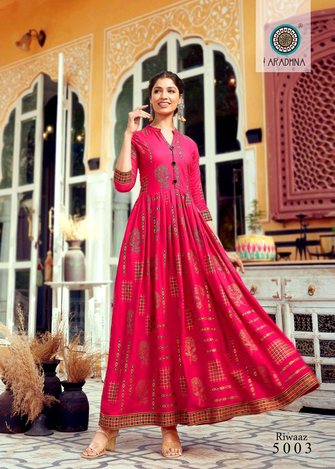 RIWAAZ VOL-5 BY ARADHNA FASHION 5001 TO 5012 SERIES BEAUTIFUL STYLISH FANCY COLORFUL CASUAL WEAR & ETHNIC WEAR & READY TO WEAR HEAVY RAYON WORK GOWNS AT WHOLESALE PRICE