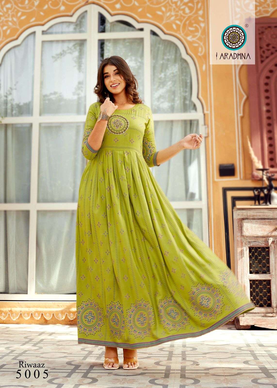 RIWAAZ VOL-5 BY ARADHNA FASHION 5001 TO 5012 SERIES BEAUTIFUL STYLISH FANCY COLORFUL CASUAL WEAR & ETHNIC WEAR & READY TO WEAR HEAVY RAYON WORK GOWNS AT WHOLESALE PRICE