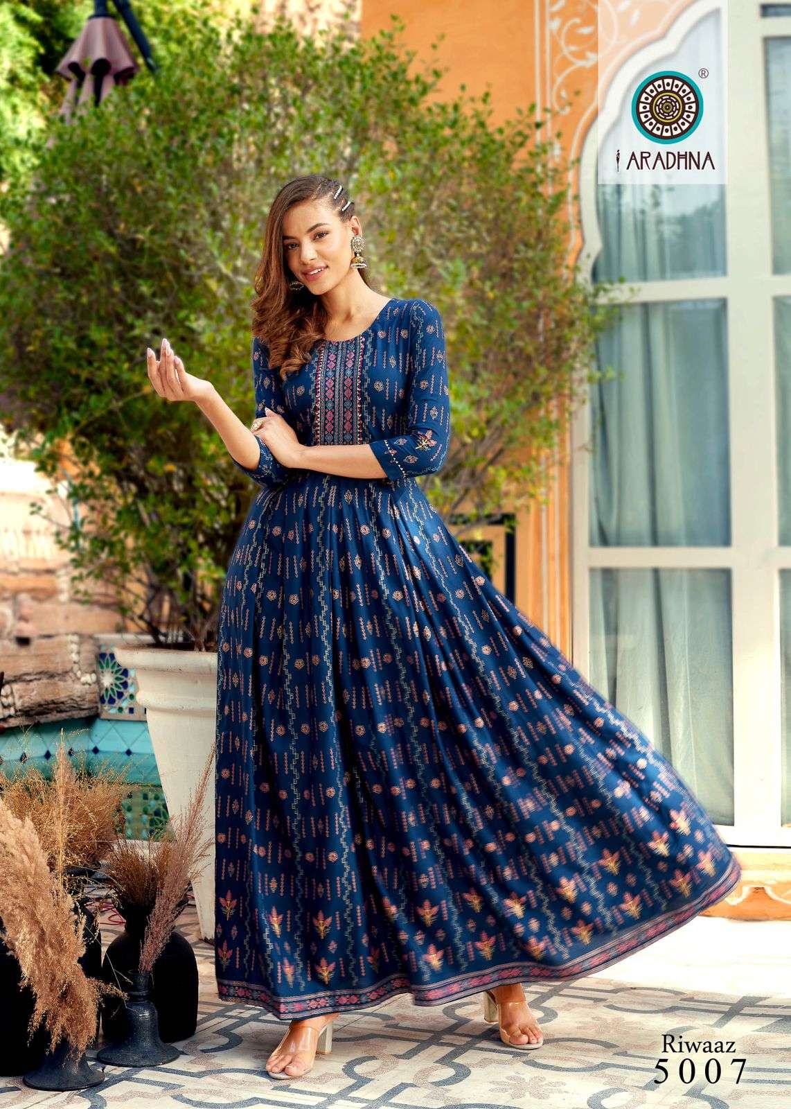RIWAAZ VOL-5 BY ARADHNA FASHION 5001 TO 5012 SERIES BEAUTIFUL STYLISH FANCY COLORFUL CASUAL WEAR & ETHNIC WEAR & READY TO WEAR HEAVY RAYON WORK GOWNS AT WHOLESALE PRICE