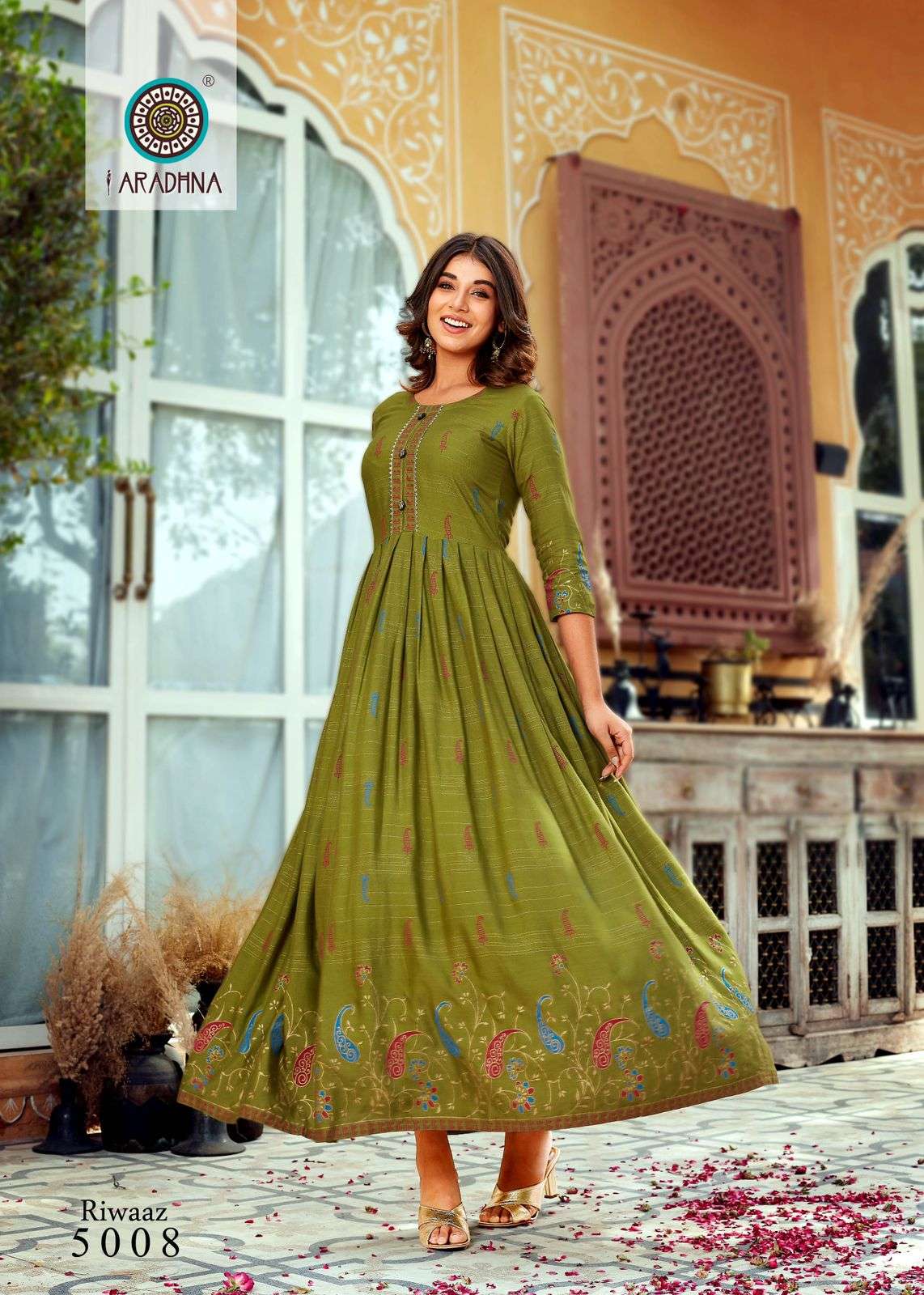 RIWAAZ VOL-5 BY ARADHNA FASHION 5001 TO 5012 SERIES BEAUTIFUL STYLISH FANCY COLORFUL CASUAL WEAR & ETHNIC WEAR & READY TO WEAR HEAVY RAYON WORK GOWNS AT WHOLESALE PRICE