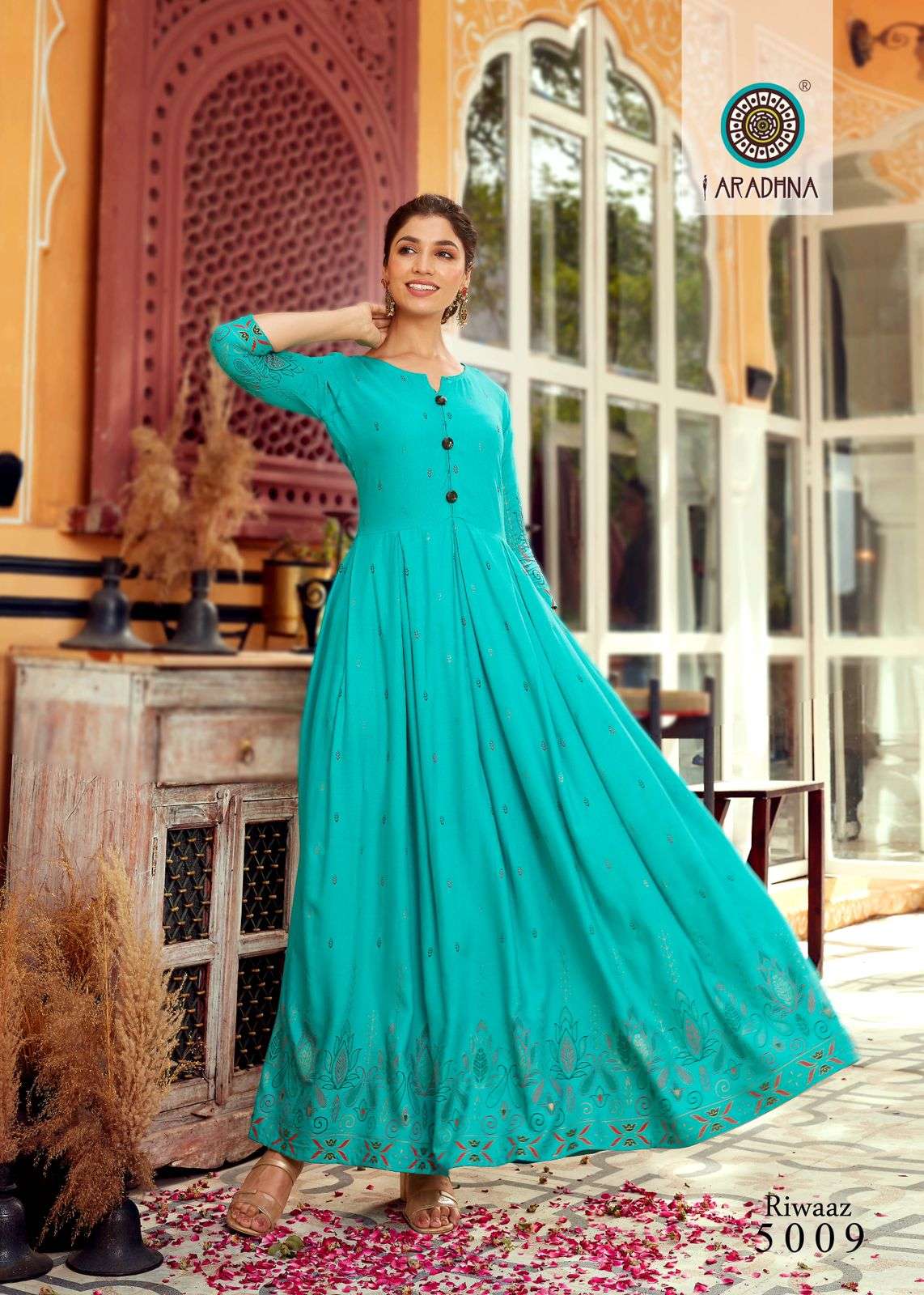 RIWAAZ VOL-5 BY ARADHNA FASHION 5001 TO 5012 SERIES BEAUTIFUL STYLISH FANCY COLORFUL CASUAL WEAR & ETHNIC WEAR & READY TO WEAR HEAVY RAYON WORK GOWNS AT WHOLESALE PRICE