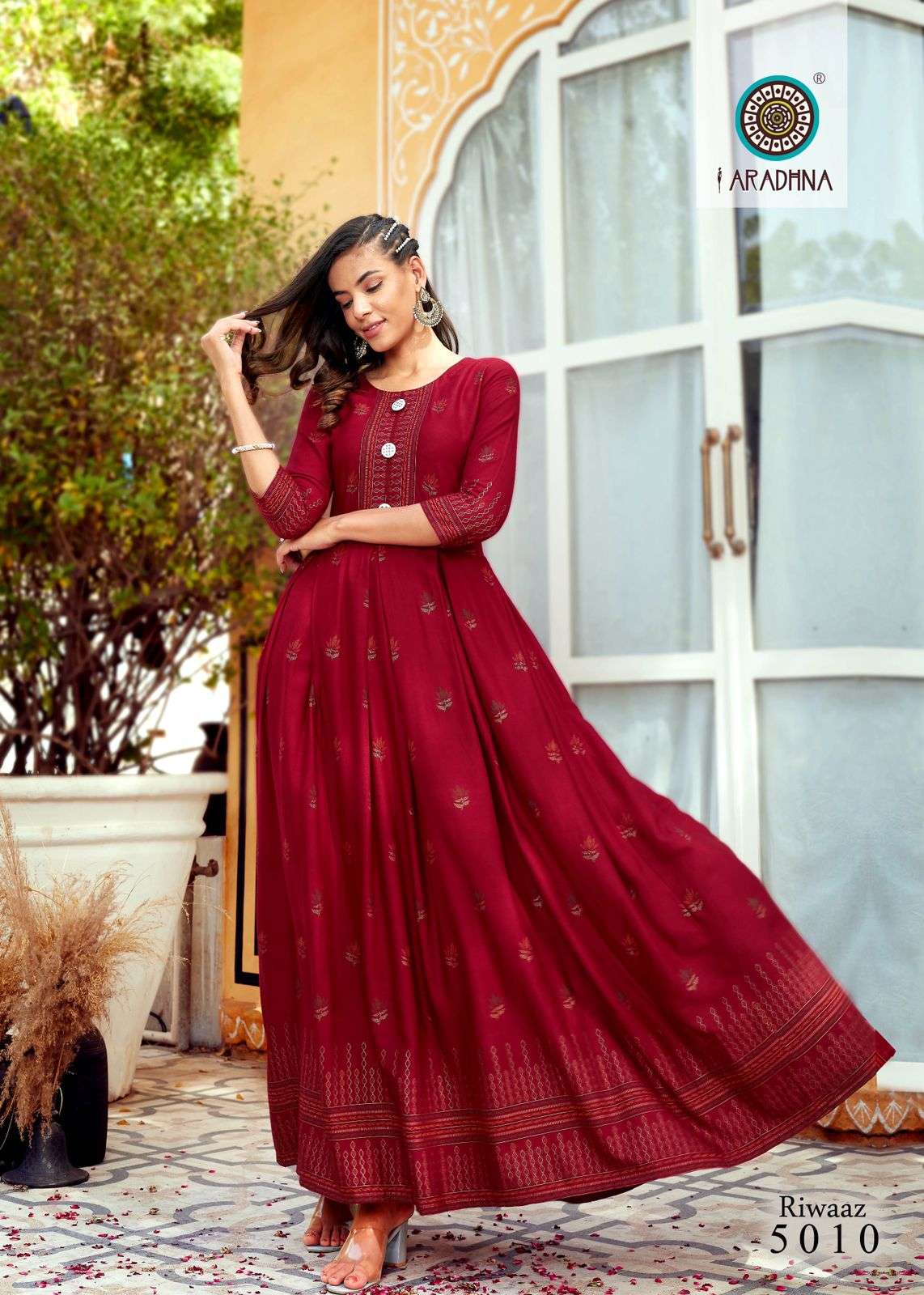 RIWAAZ VOL-5 BY ARADHNA FASHION 5001 TO 5012 SERIES BEAUTIFUL STYLISH FANCY COLORFUL CASUAL WEAR & ETHNIC WEAR & READY TO WEAR HEAVY RAYON WORK GOWNS AT WHOLESALE PRICE