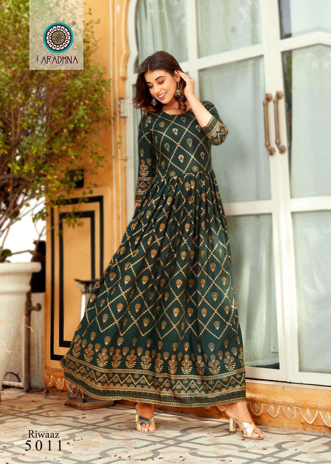 RIWAAZ VOL-5 BY ARADHNA FASHION 5001 TO 5012 SERIES BEAUTIFUL STYLISH FANCY COLORFUL CASUAL WEAR & ETHNIC WEAR & READY TO WEAR HEAVY RAYON WORK GOWNS AT WHOLESALE PRICE