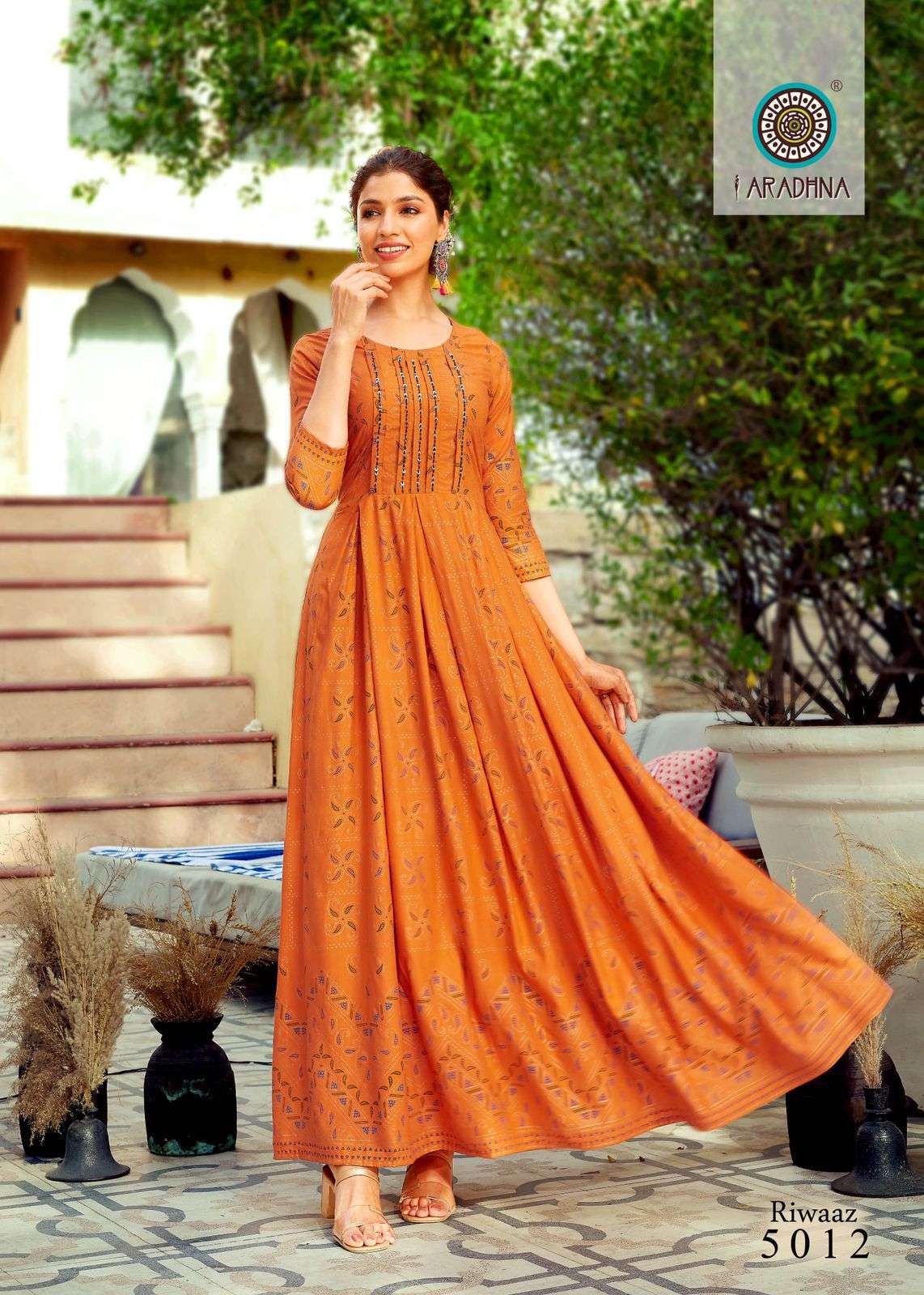 RIWAAZ VOL-5 BY ARADHNA FASHION 5001 TO 5012 SERIES BEAUTIFUL STYLISH FANCY COLORFUL CASUAL WEAR & ETHNIC WEAR & READY TO WEAR HEAVY RAYON WORK GOWNS AT WHOLESALE PRICE