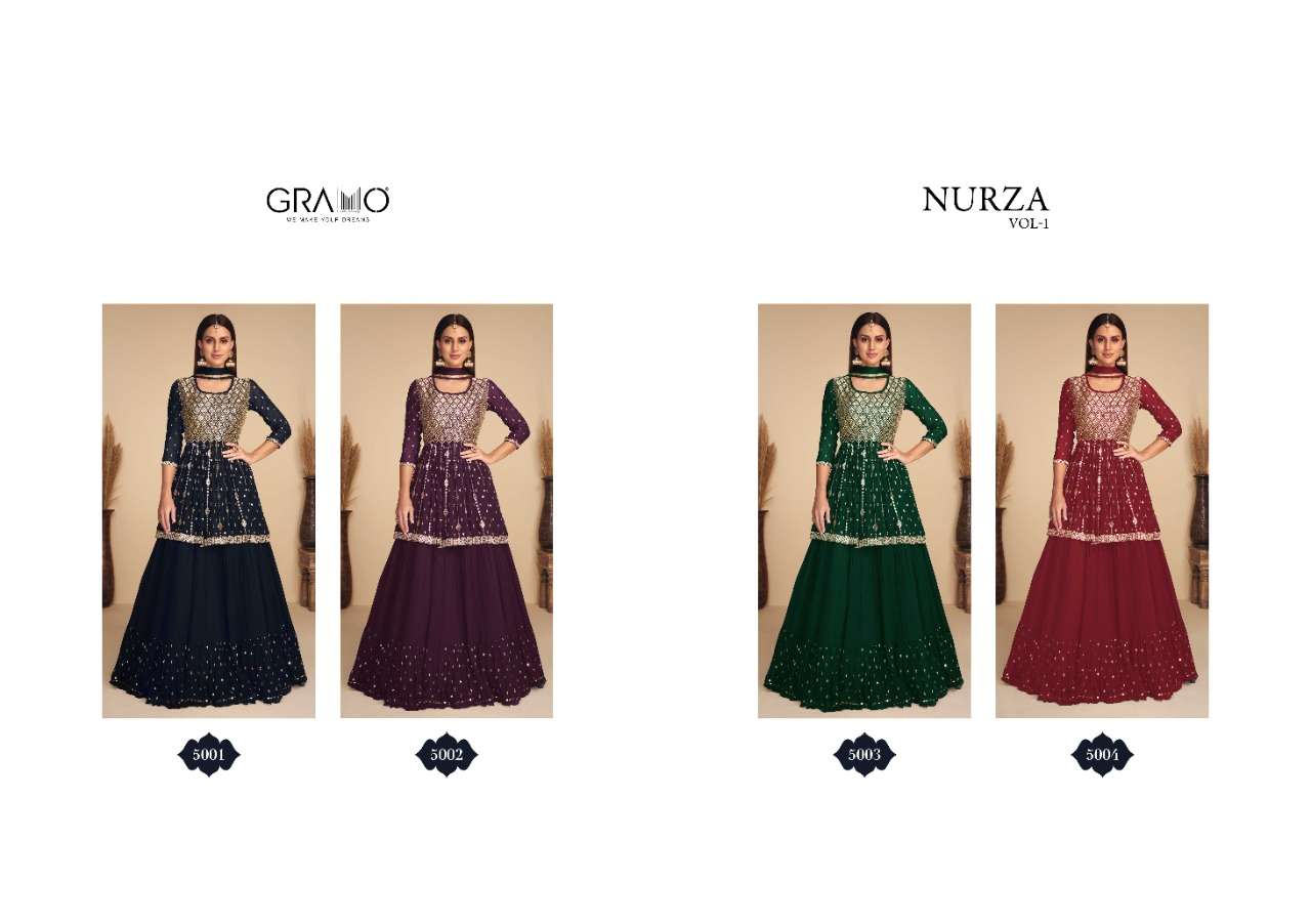 NURZA VOL-1 BY GRAMO 5001 TO 5004 SERIES BEAUTIFUL SUITS COLORFUL STYLISH FANCY CASUAL WEAR & ETHNIC WEAR REAL GEORGETTE DRESSES AT WHOLESALE PRICE