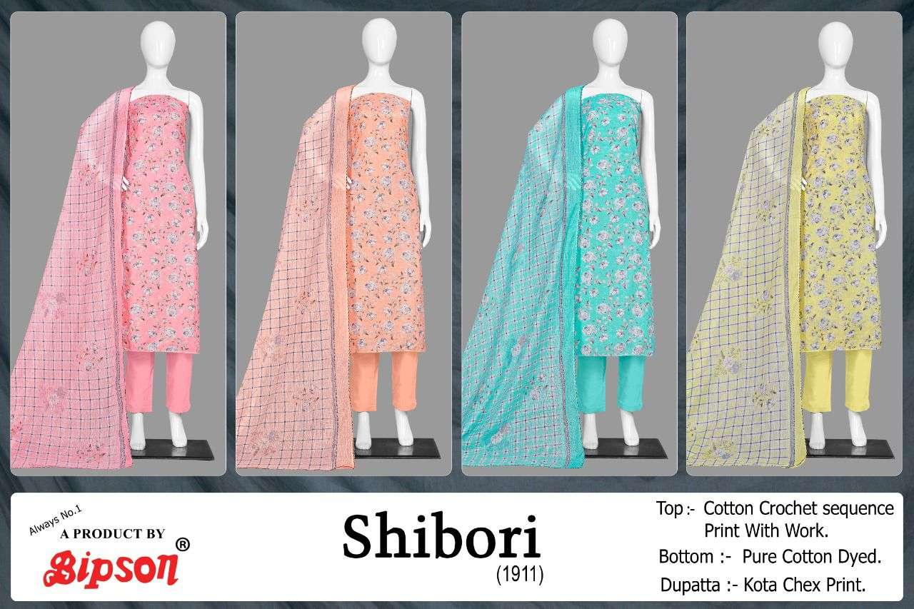 SHIBORI 1911 BY BIPSON 1911-A TO 1911-D SERIES BEAUTIFUL WINTER COLLECTION SUITS STYLISH FANCY COLORFUL CASUAL WEAR & ETHNIC WEAR PURE COTTON PRINT WITH WORK DRESSES AT WHOLESALE PRICE