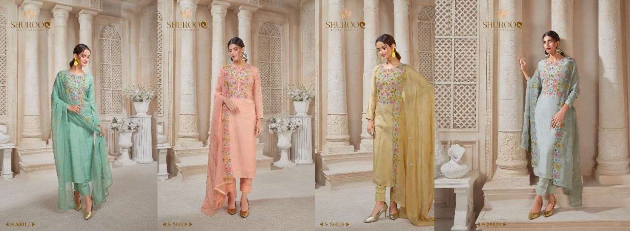 AARADHYA BY SHUROOQ 50017 TO 50020 SERIES BEAUTIFUL SUITS COLORFUL STYLISH FANCY CASUAL WEAR & ETHNIC WEAR PURE MUSLIN DRESSES AT WHOLESALE PRICE