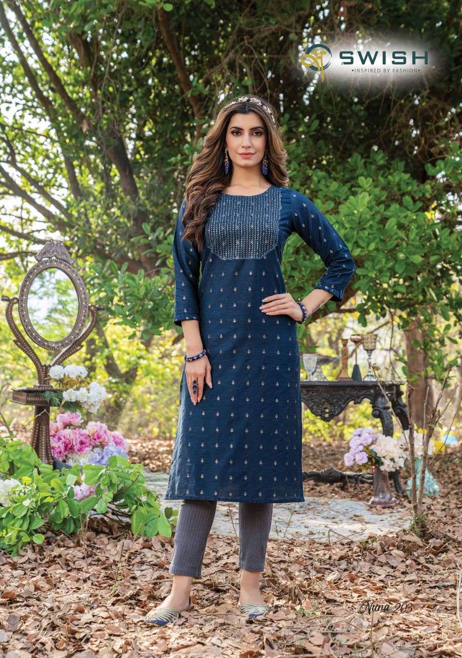 NURA VOL-2 BY SWISH 201 TO 205 SERIES DESIGNER STYLISH FANCY COLORFUL BEAUTIFUL PARTY WEAR & ETHNIC WEAR COLLECTION PURE SILK KURTIS AT WHOLESALE PRICE