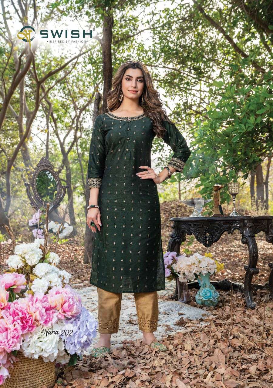 NURA VOL-2 BY SWISH 201 TO 205 SERIES DESIGNER STYLISH FANCY COLORFUL BEAUTIFUL PARTY WEAR & ETHNIC WEAR COLLECTION PURE SILK KURTIS AT WHOLESALE PRICE