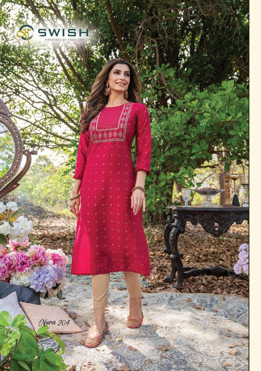 NURA VOL-2 BY SWISH 201 TO 205 SERIES DESIGNER STYLISH FANCY COLORFUL BEAUTIFUL PARTY WEAR & ETHNIC WEAR COLLECTION PURE SILK KURTIS AT WHOLESALE PRICE