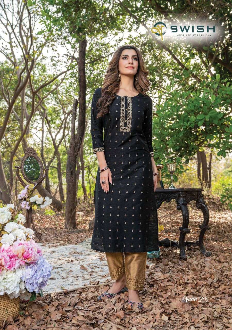 NURA VOL-2 BY SWISH 201 TO 205 SERIES DESIGNER STYLISH FANCY COLORFUL BEAUTIFUL PARTY WEAR & ETHNIC WEAR COLLECTION PURE SILK KURTIS AT WHOLESALE PRICE