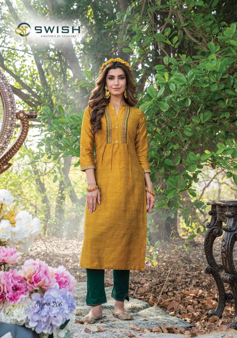 NURA VOL-2 BY SWISH 201 TO 205 SERIES DESIGNER STYLISH FANCY COLORFUL BEAUTIFUL PARTY WEAR & ETHNIC WEAR COLLECTION PURE SILK KURTIS AT WHOLESALE PRICE