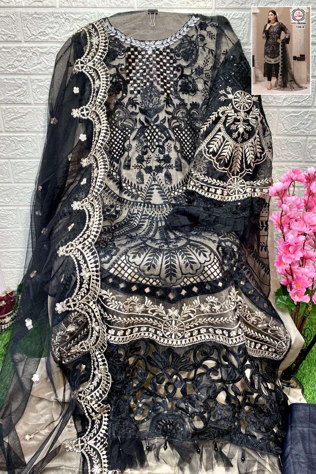 AFFAN CREATION HIT DESIGN 130-A BY AFFAN CREATION BEAUTIFUL STYLISH PAKISATNI SUITS FANCY COLORFUL CASUAL WEAR & ETHNIC WEAR & READY TO WEAR ORGANZA EMBROIDERY DRESSES AT WHOLESALE PRICE