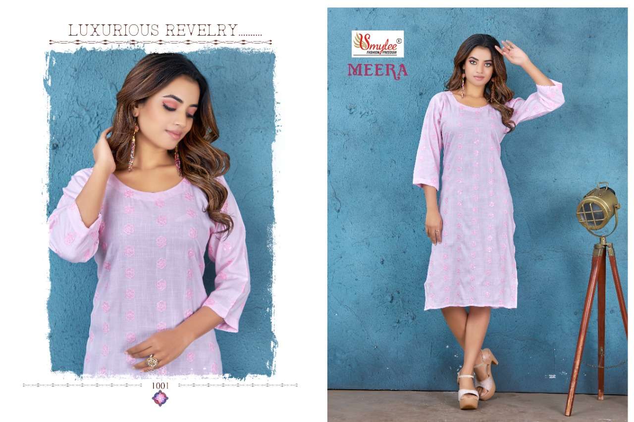 MEERA BY SMYLEE 1001 TO 1008 SERIES DESIGNER STYLISH FANCY COLORFUL BEAUTIFUL PARTY WEAR & ETHNIC WEAR COLLECTION PURE RAYON KURTIS AT WHOLESALE PRICE