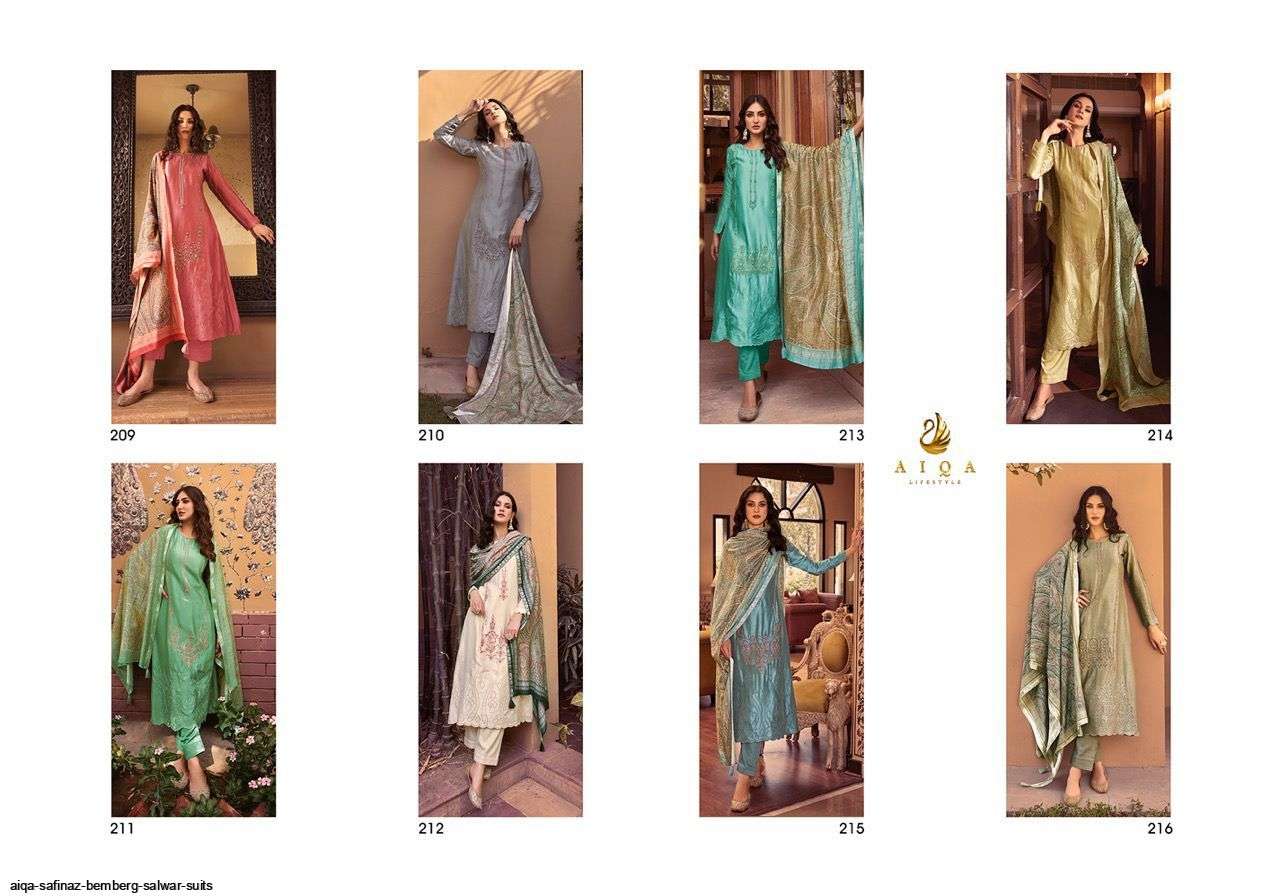 SAFINAZ BY AIQA 209 TO 216 SERIES BEAUTIFUL SUITS COLORFUL STYLISH FANCY CASUAL WEAR & ETHNIC WEAR PURE BEMBERG SILK DRESSES AT WHOLESALE PRICE