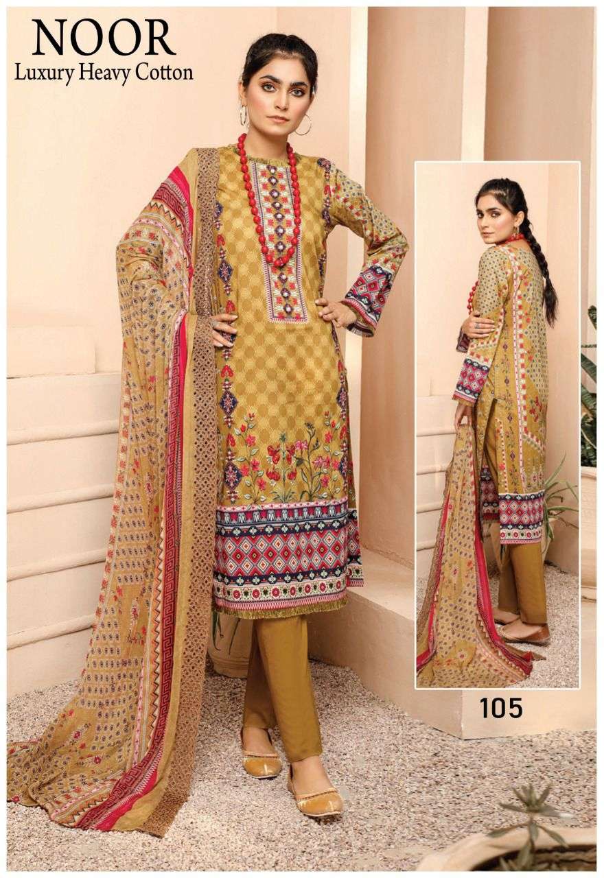 LUXURY HEAVY COTTON BY NOOR 101 TO 106 SERIES BEAUTIFUL PAKISTANI SUITS COLORFUL STYLISH FANCY CASUAL WEAR & ETHNIC WEAR HEAVY COTTON DRESSES AT WHOLESALE PRICE