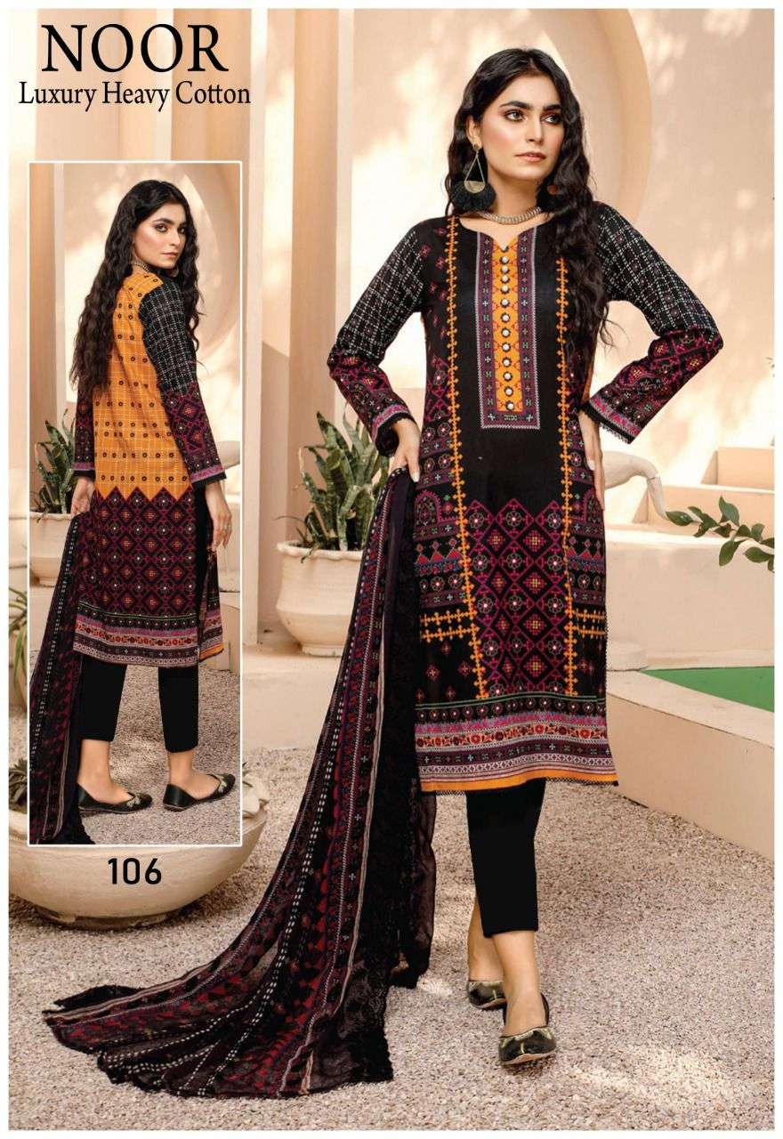 LUXURY HEAVY COTTON BY NOOR 101 TO 106 SERIES BEAUTIFUL PAKISTANI SUITS COLORFUL STYLISH FANCY CASUAL WEAR & ETHNIC WEAR HEAVY COTTON DRESSES AT WHOLESALE PRICE
