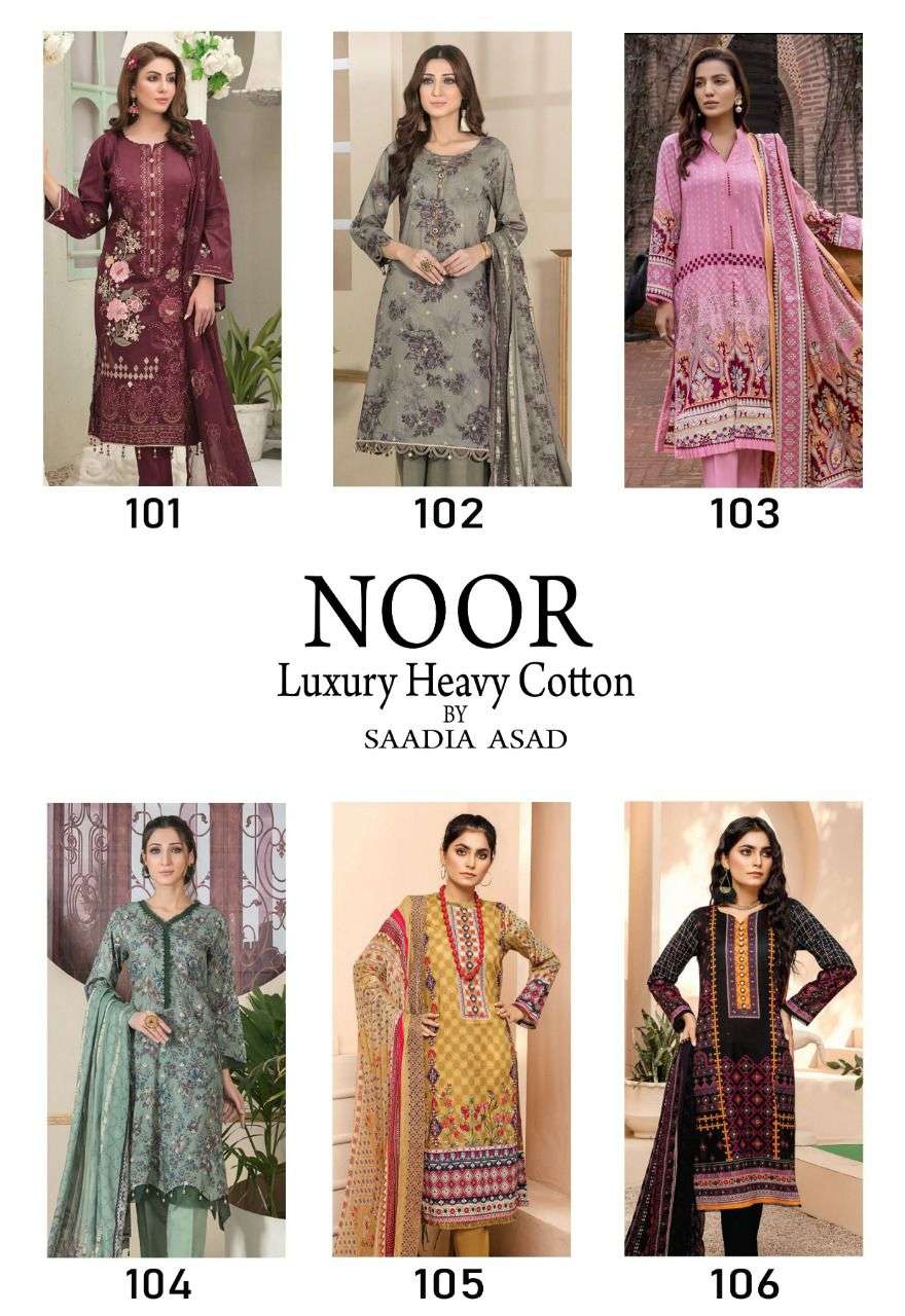 LUXURY HEAVY COTTON BY NOOR 101 TO 106 SERIES BEAUTIFUL PAKISTANI SUITS COLORFUL STYLISH FANCY CASUAL WEAR & ETHNIC WEAR HEAVY COTTON DRESSES AT WHOLESALE PRICE