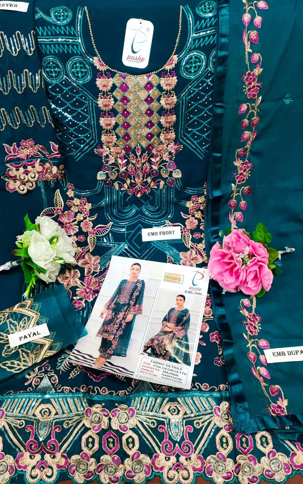 PUSHP HIT DESIGN 1040 BY PUSHP CREATION DESIGNER PAKISTANI SUITS BEAUTIFUL STYLISH FANCY COLORFUL PARTY WEAR & OCCASIONAL WEAR FAUX GEORGETTE EMBROIDERED DRESSES AT WHOLESALE PRICE