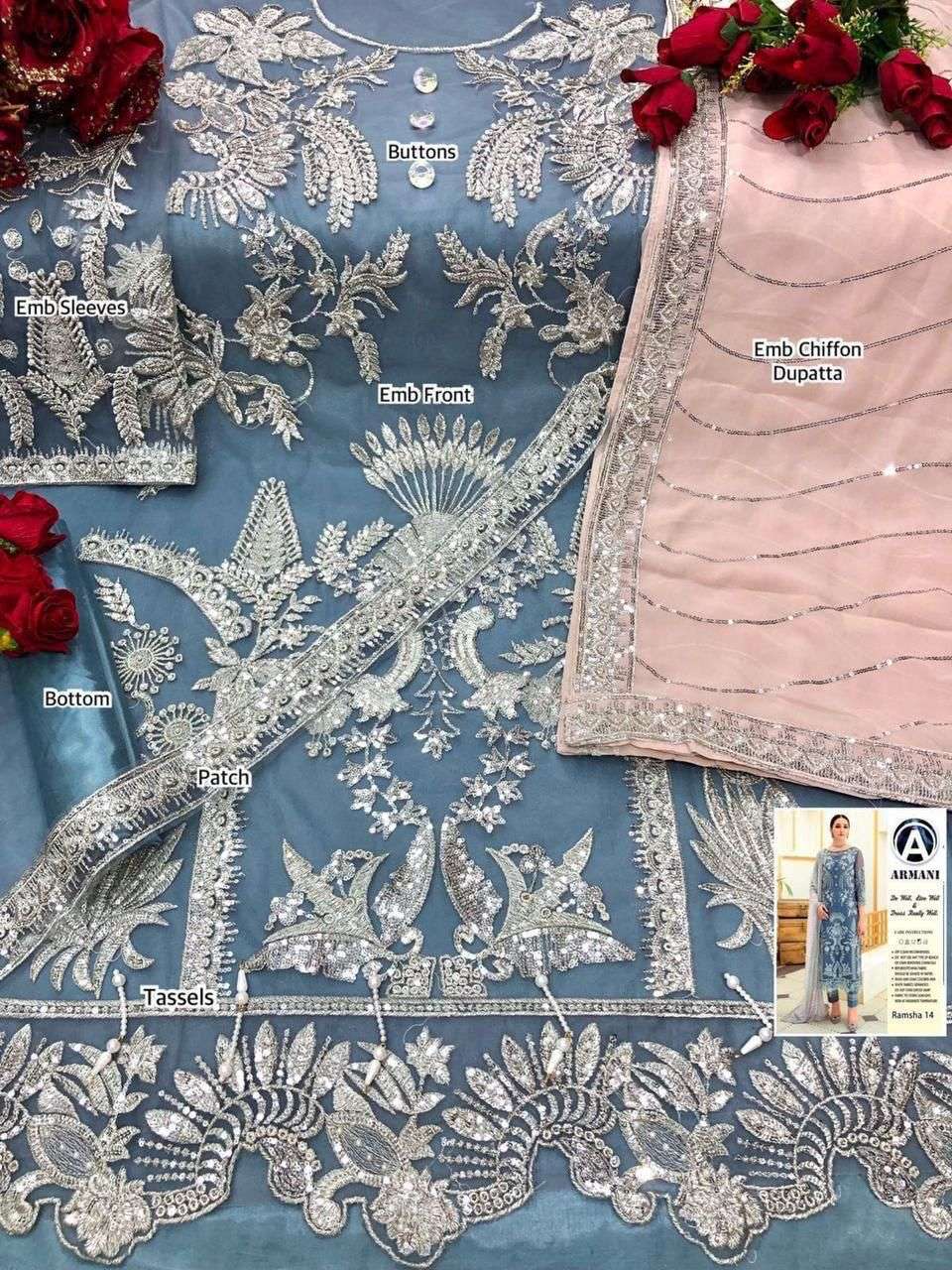 RAMSHA 14 COLOURS BY ARMANI 14-A TO 14-E SERIES PAKISTANI SUITS BEAUTIFUL FANCY COLORFUL STYLISH PARTY WEAR & OCCASIONAL WEAR BUTTERFLY NET WITH EMBROIDERY DRESSES AT WHOLESALE PRICE