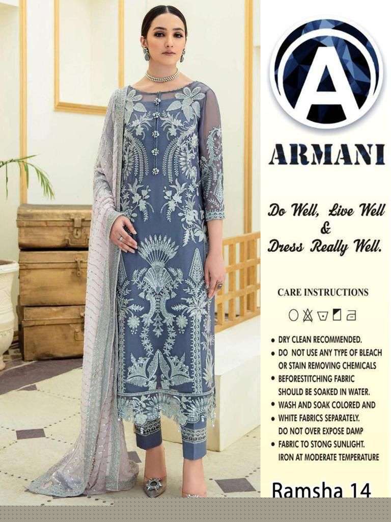 RAMSHA 14 COLOURS BY ARMANI 14-A TO 14-E SERIES PAKISTANI SUITS BEAUTIFUL FANCY COLORFUL STYLISH PARTY WEAR & OCCASIONAL WEAR BUTTERFLY NET WITH EMBROIDERY DRESSES AT WHOLESALE PRICE