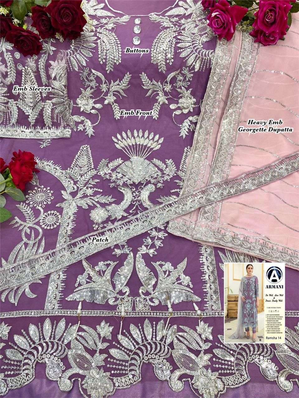 RAMSHA 14 COLOURS BY ARMANI 14-A TO 14-E SERIES PAKISTANI SUITS BEAUTIFUL FANCY COLORFUL STYLISH PARTY WEAR & OCCASIONAL WEAR BUTTERFLY NET WITH EMBROIDERY DRESSES AT WHOLESALE PRICE