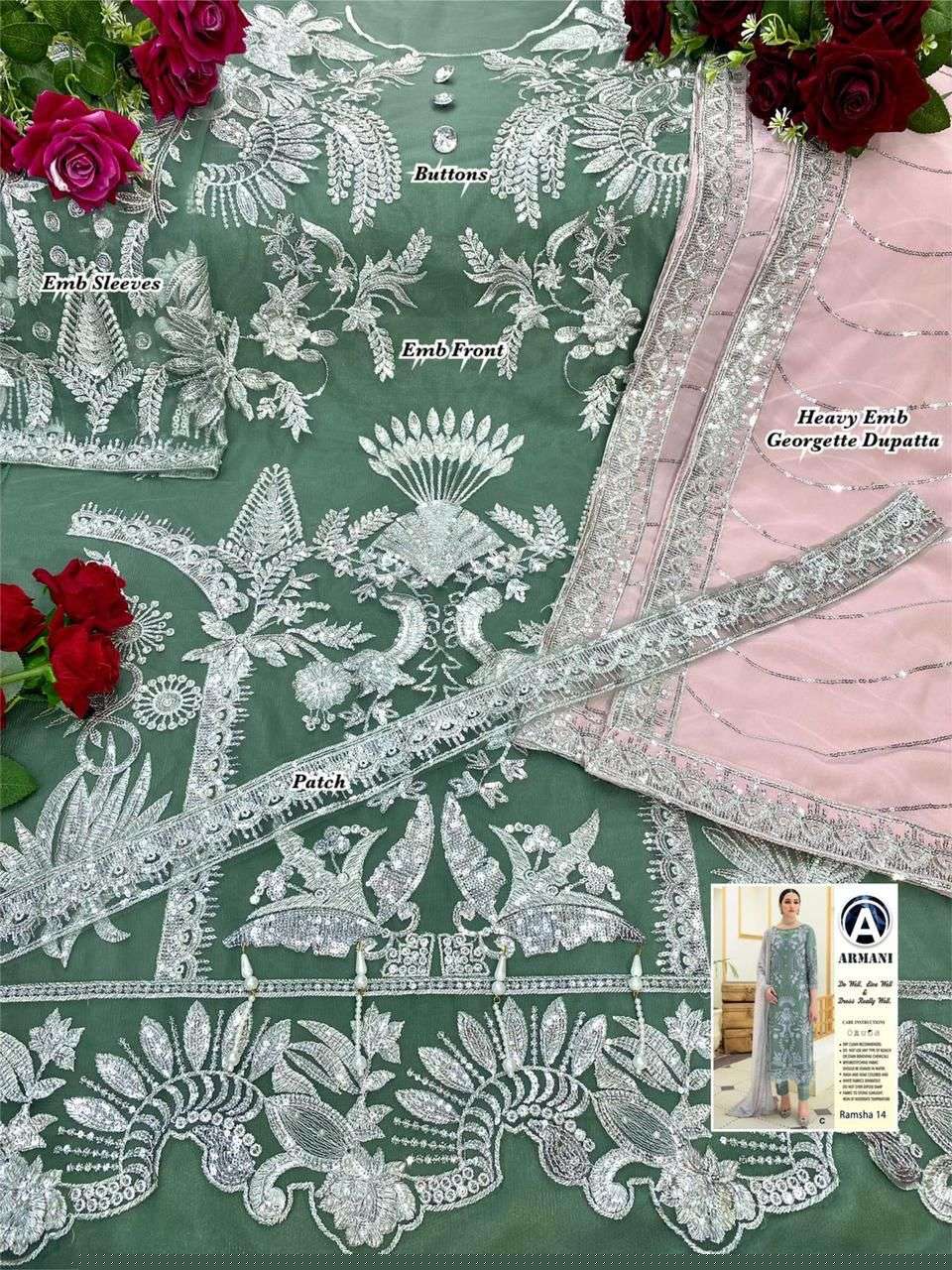 RAMSHA 14 COLOURS BY ARMANI 14-A TO 14-E SERIES PAKISTANI SUITS BEAUTIFUL FANCY COLORFUL STYLISH PARTY WEAR & OCCASIONAL WEAR BUTTERFLY NET WITH EMBROIDERY DRESSES AT WHOLESALE PRICE