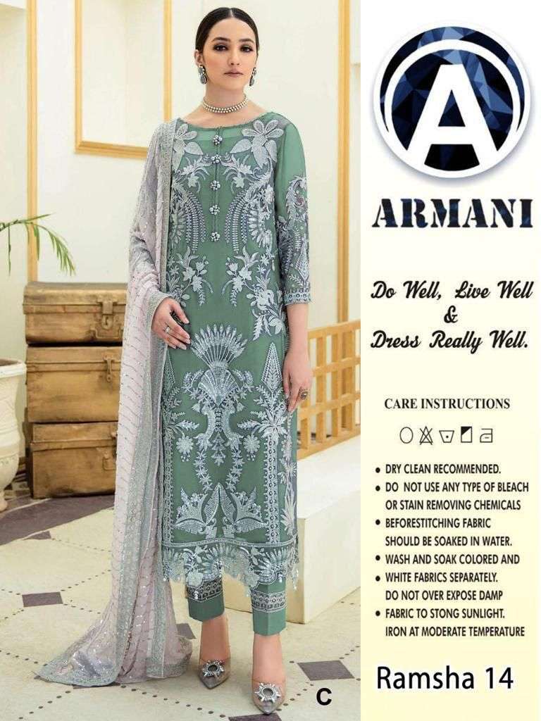 RAMSHA 14 COLOURS BY ARMANI 14-A TO 14-E SERIES PAKISTANI SUITS BEAUTIFUL FANCY COLORFUL STYLISH PARTY WEAR & OCCASIONAL WEAR BUTTERFLY NET WITH EMBROIDERY DRESSES AT WHOLESALE PRICE