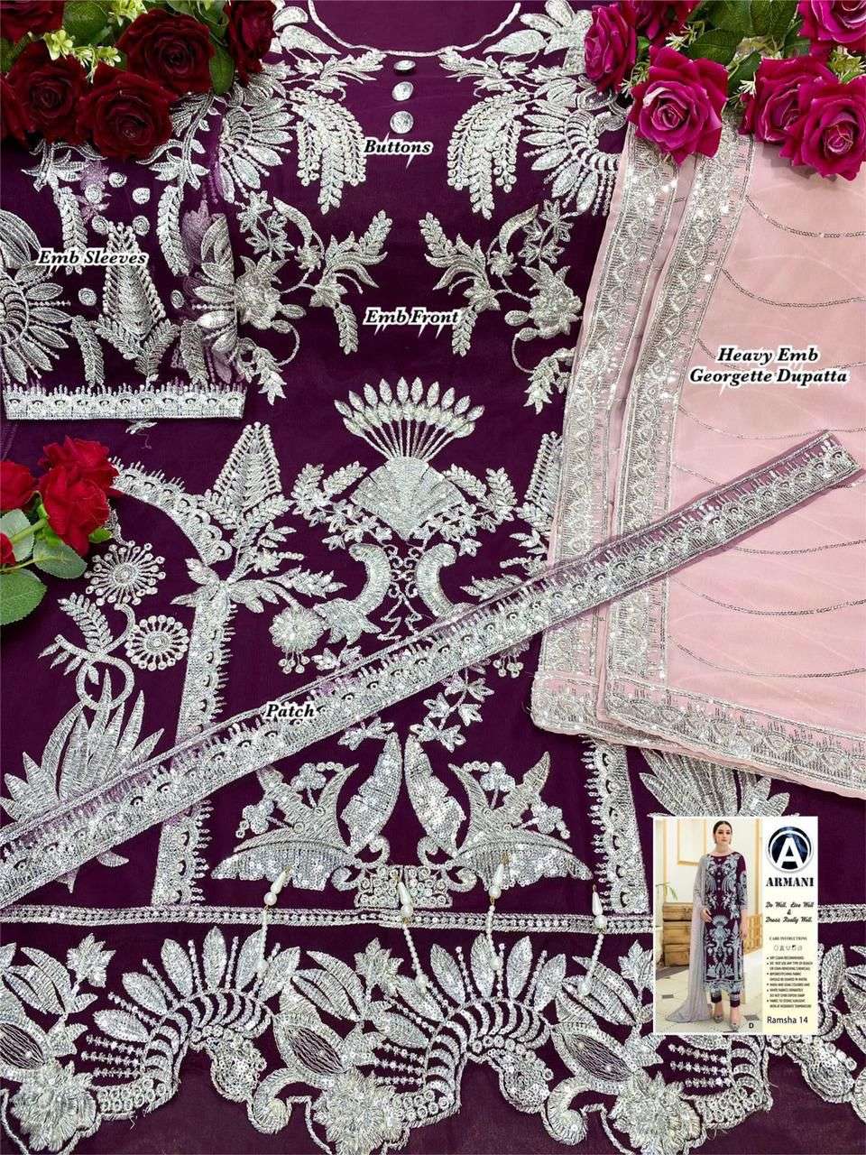 RAMSHA 14 COLOURS BY ARMANI 14-A TO 14-E SERIES PAKISTANI SUITS BEAUTIFUL FANCY COLORFUL STYLISH PARTY WEAR & OCCASIONAL WEAR BUTTERFLY NET WITH EMBROIDERY DRESSES AT WHOLESALE PRICE