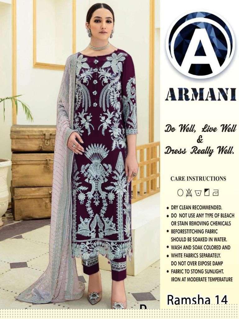 RAMSHA 14 COLOURS BY ARMANI 14-A TO 14-E SERIES PAKISTANI SUITS BEAUTIFUL FANCY COLORFUL STYLISH PARTY WEAR & OCCASIONAL WEAR BUTTERFLY NET WITH EMBROIDERY DRESSES AT WHOLESALE PRICE